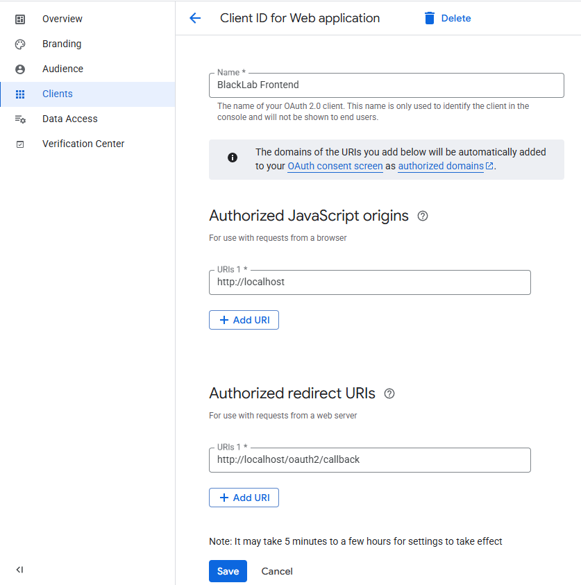 Example Google Client Configuration